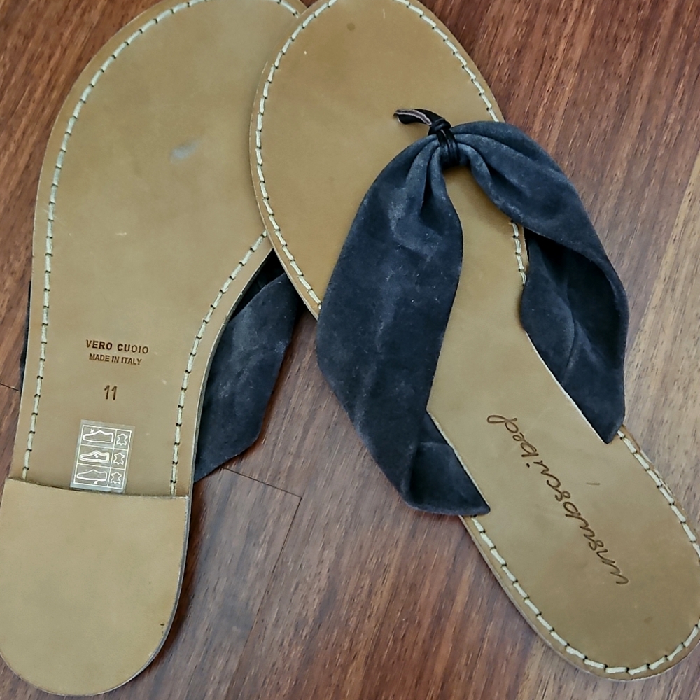 UNSUBSCRIBED Luxury Italian Suede Thong Sandals Stacked Leather Sole Brown Sz 11 - Picture 3 of 9